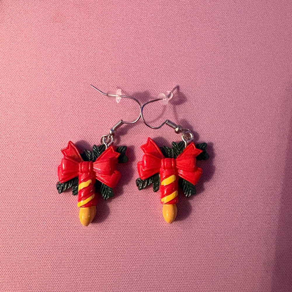 Hand Painted Festive Red Bow Earrings